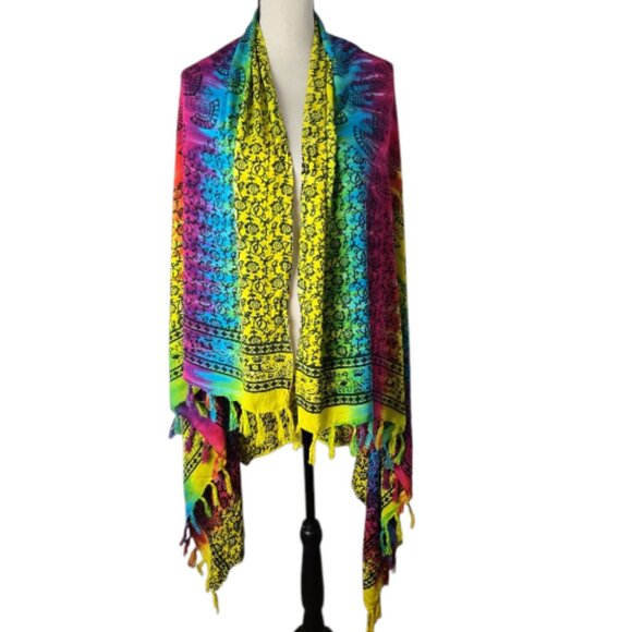 Multicolor Tie-Dye Fringed Boho Hippie Festival Sarong Wrap Scarf - Picture 1 of 7